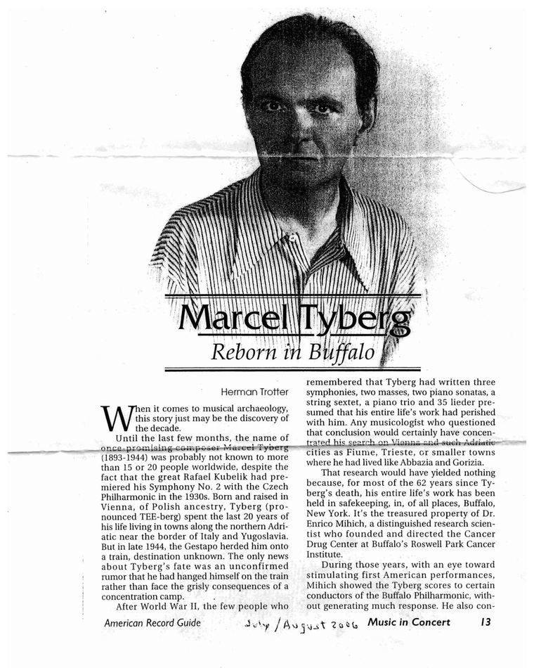 Scanned magazine page from American Record Guide about the rediscovery of Marcel Tyberg