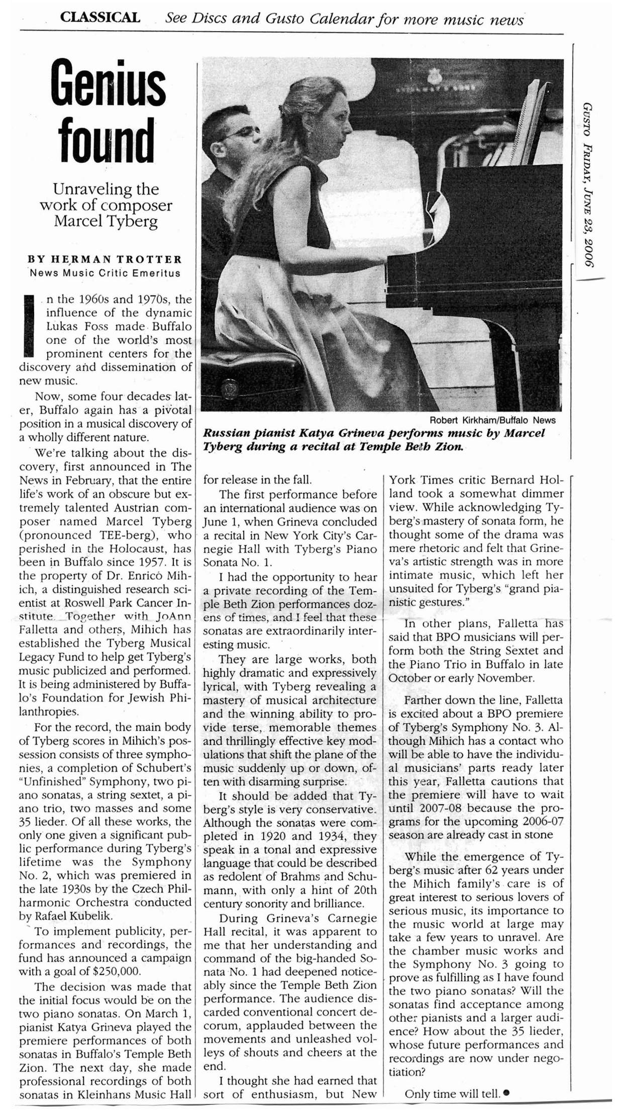 The full Buffalo News Gusto page, with a photograph of Katya Grineva at the piano during the Tyberg recital at Temple Beth Zion